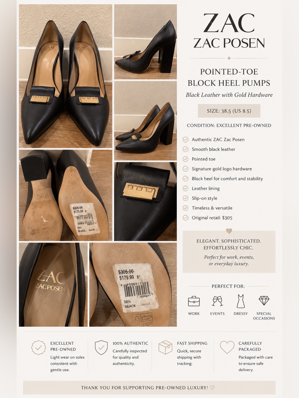 ZAC Zac Posen Black Pointed-Toe Block Heel Pumps with Gold Logo Accent
